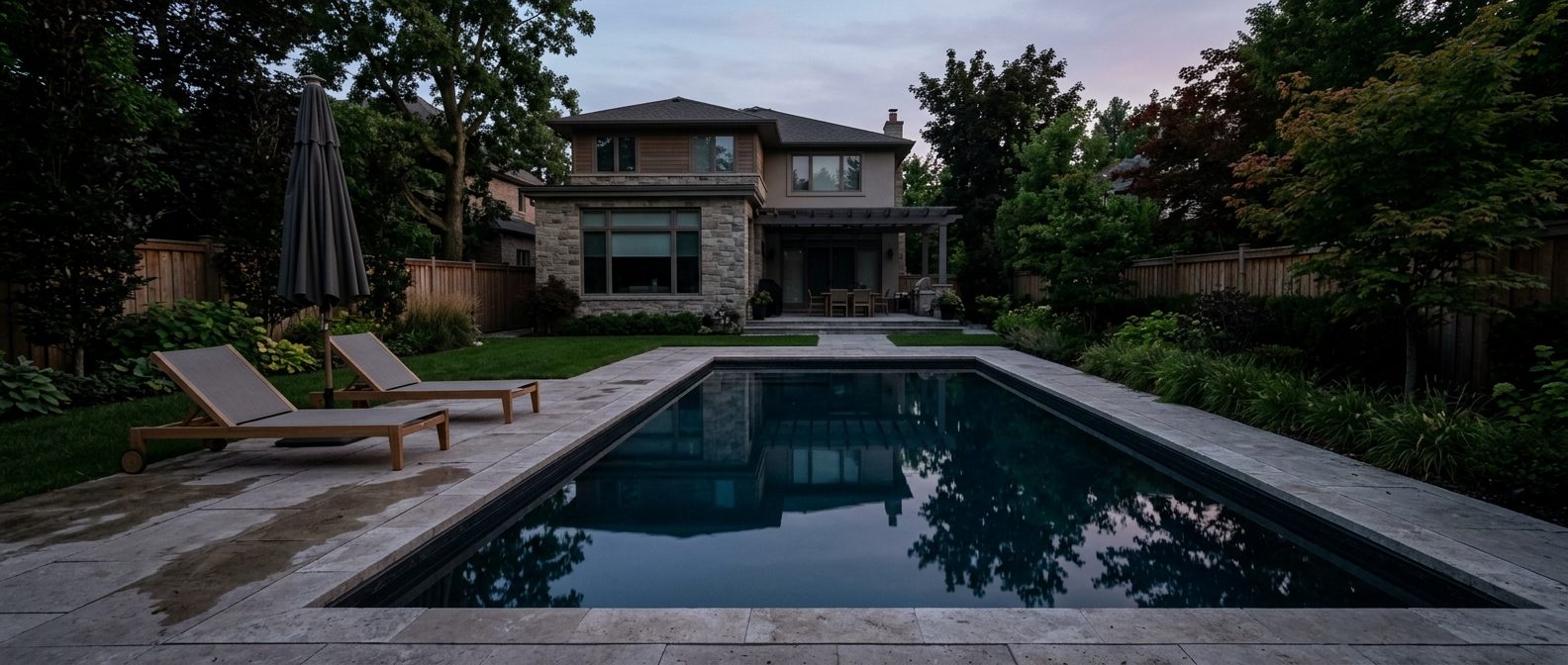 A finished backyard pool at dusk, still water and empty lounge chairs